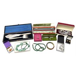 Waterman fountain pen with 18k gold nib, in original case, a collection of costume jewellery including necklaces, earrings and a bracelet, fish servers in original case and a set of five chopsticks. 
