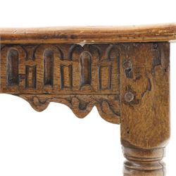 Charles I rectangular joined oak and elm refectory table, the frieze carved with repeated arch motifs, pearwood top above four turned supports united by horizontal stretcher, first half 17th century
Provenance: Purchased from Thorpe & Foster of Dorking in 1971
