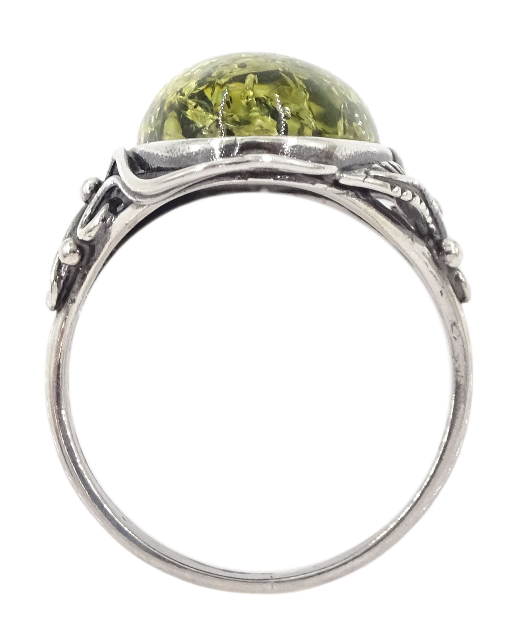 Silver single stone green amber ring, stamped 925