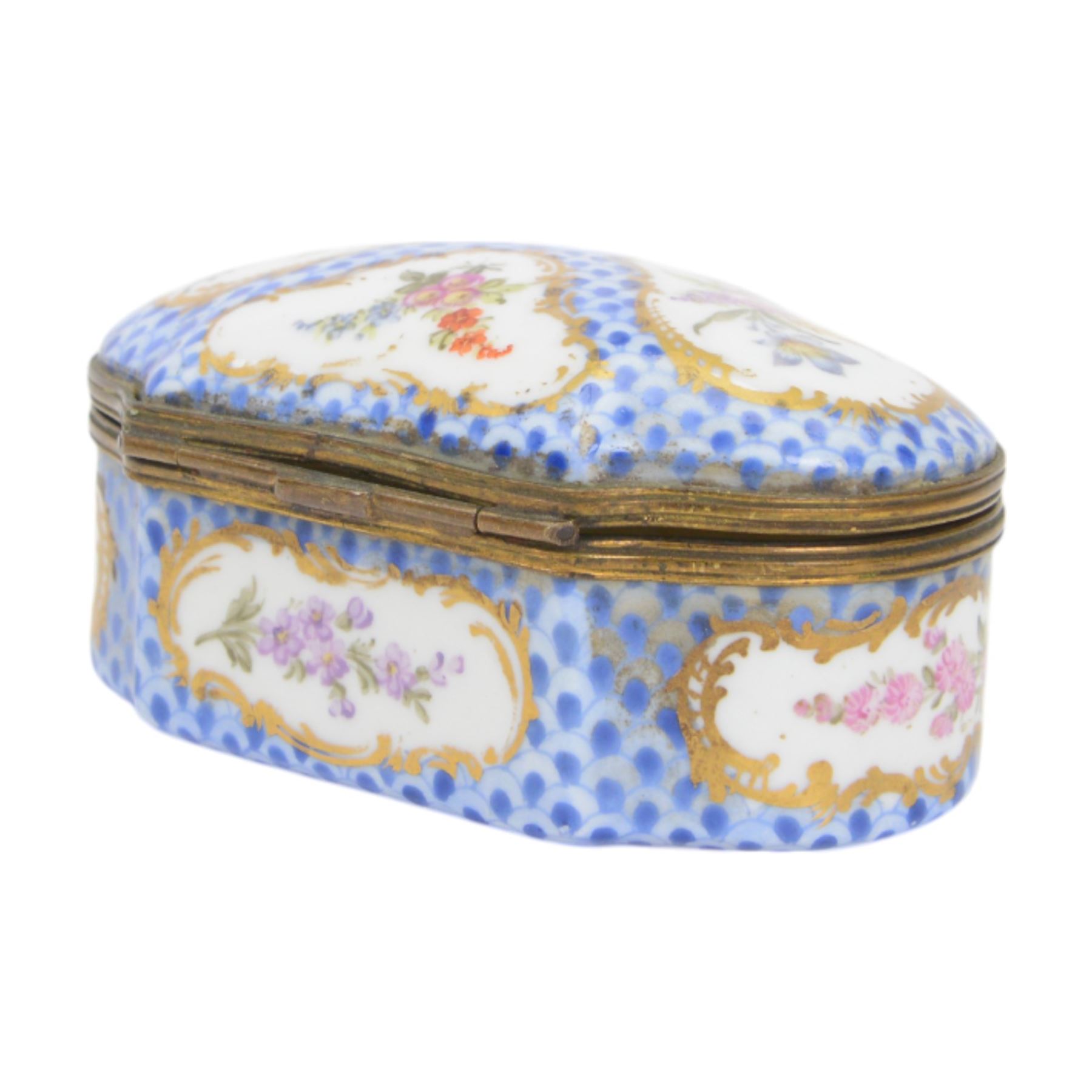 Two 19th century porcelain trinket boxes, comprising blue and white Delft example with courting scene to cover and a Meissen style example, hand painted with floral sprays on a blue scale ground, tallest H4.5cm 