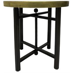 Indian brass topped folding benares table, circular top embossed with foliate and scrolling decoration, reeded supports