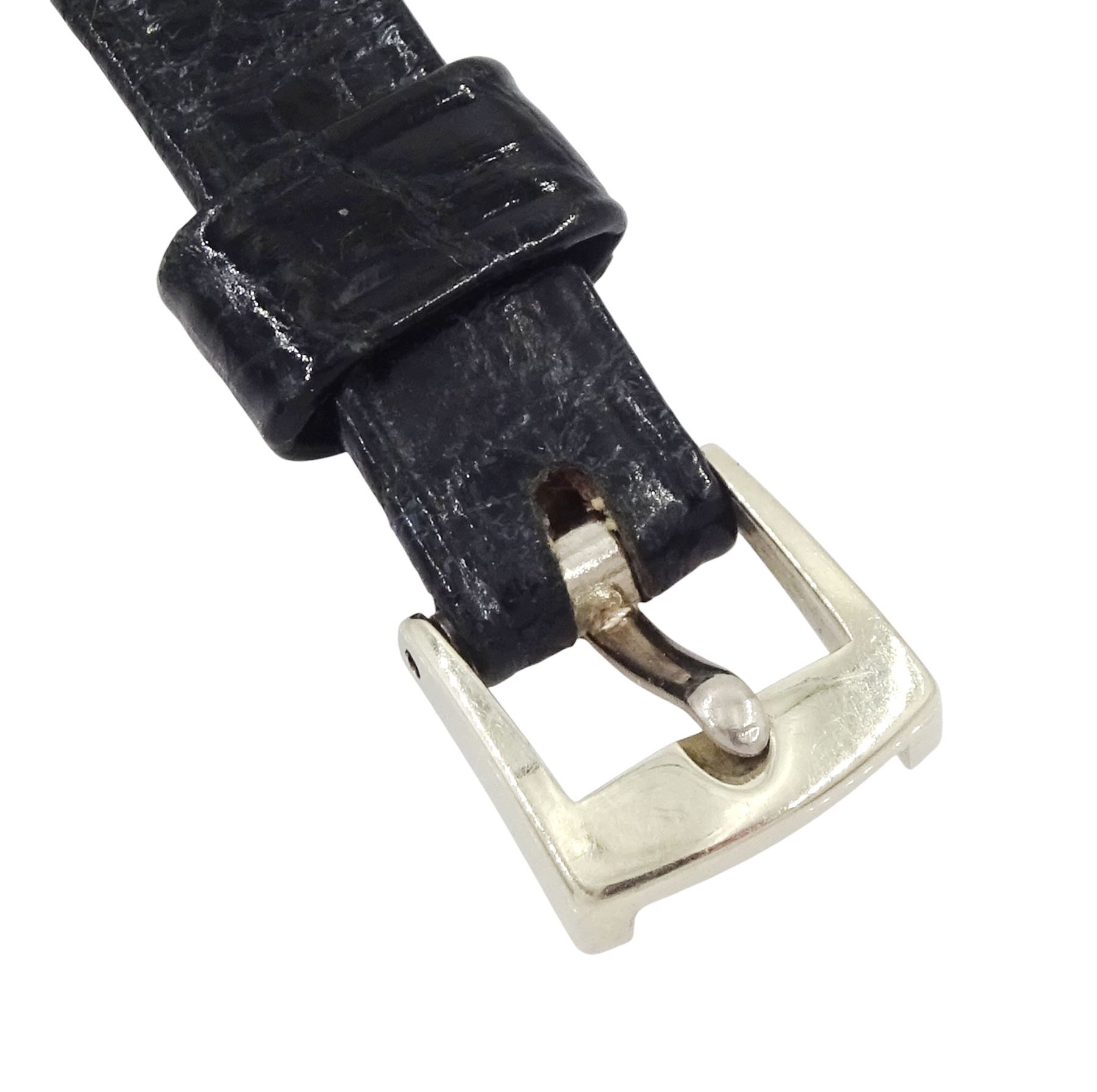 Jaeger-LeCoultre ladies 18ct white gold diamond manual wind wristwatch, back case No. 755841, square silvered dial with round brilliant cut diamond bezel and single cut diamond set lugs, crown wound from back case, on black leather strap, with 18ct white gold buckle, stamped 750, total diamond weight approx 0.70 carat