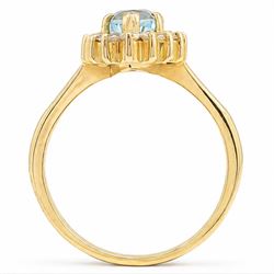 18ct gold aquamarine and diamond cluster ring, single pear cut aquamarine of approx 0.95 carat, surrounded by fourteen round brilliant cut diamonds, stamped 750