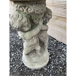 Cast stone planter or bird bath, supported by classical putti on circular base - THIS LOT IS TO BE COLLECTED BY APPOINTMENT FROM DUGGLEBY STORAGE, GREAT HILL, EASTFIELD, SCARBOROUGH, YO11 3TX