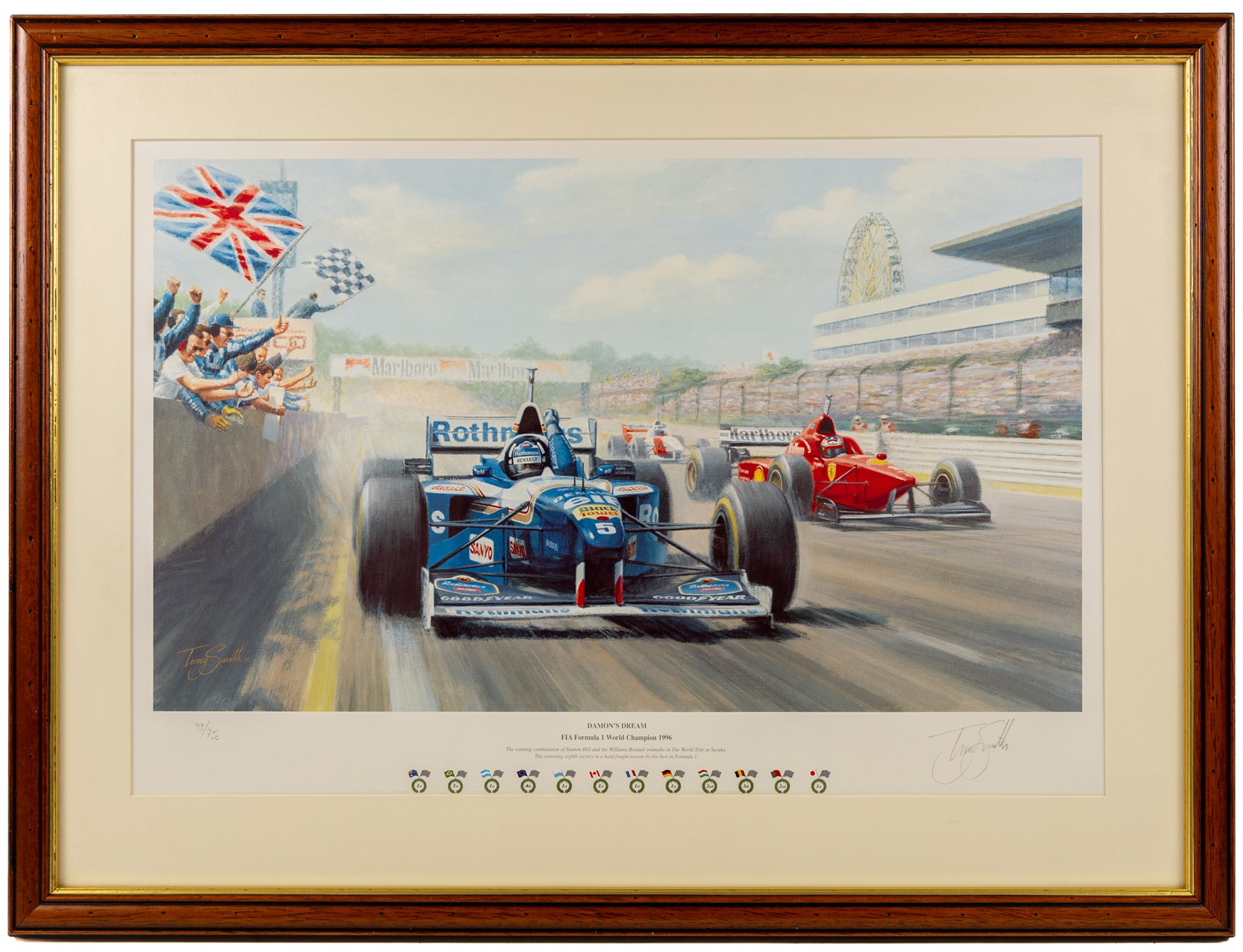 After Gerald Davison Coulson (British 1926-2012): ‘The Flying Scotsman’ and ‘Damon’s First – Hungary 1993’, together with Alan Fearnley (Yorkshire 1942-): ‘Alan Jones’ and Tony Smith (British 20th Century): ‘Damon’s Dream’, set of four limited edition Formula 1 themed prints signed and two signed by drivers David Coulthard and Alan Jones in pencil max 40cm x 61cm (4)