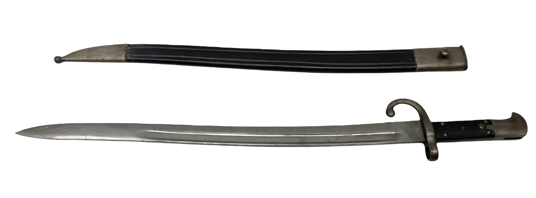 Turkish Model 1874 sword bayonet with 57.5cm curving steel fullered blade and chequered black grip, in steel mounted leather scabbard L75.5cm overall