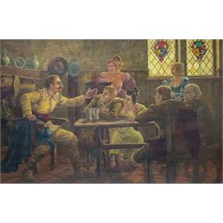 English School (20th century): Cavalier and Wenches seated in Inn, oil on board unsigned 60cm x 90cm
