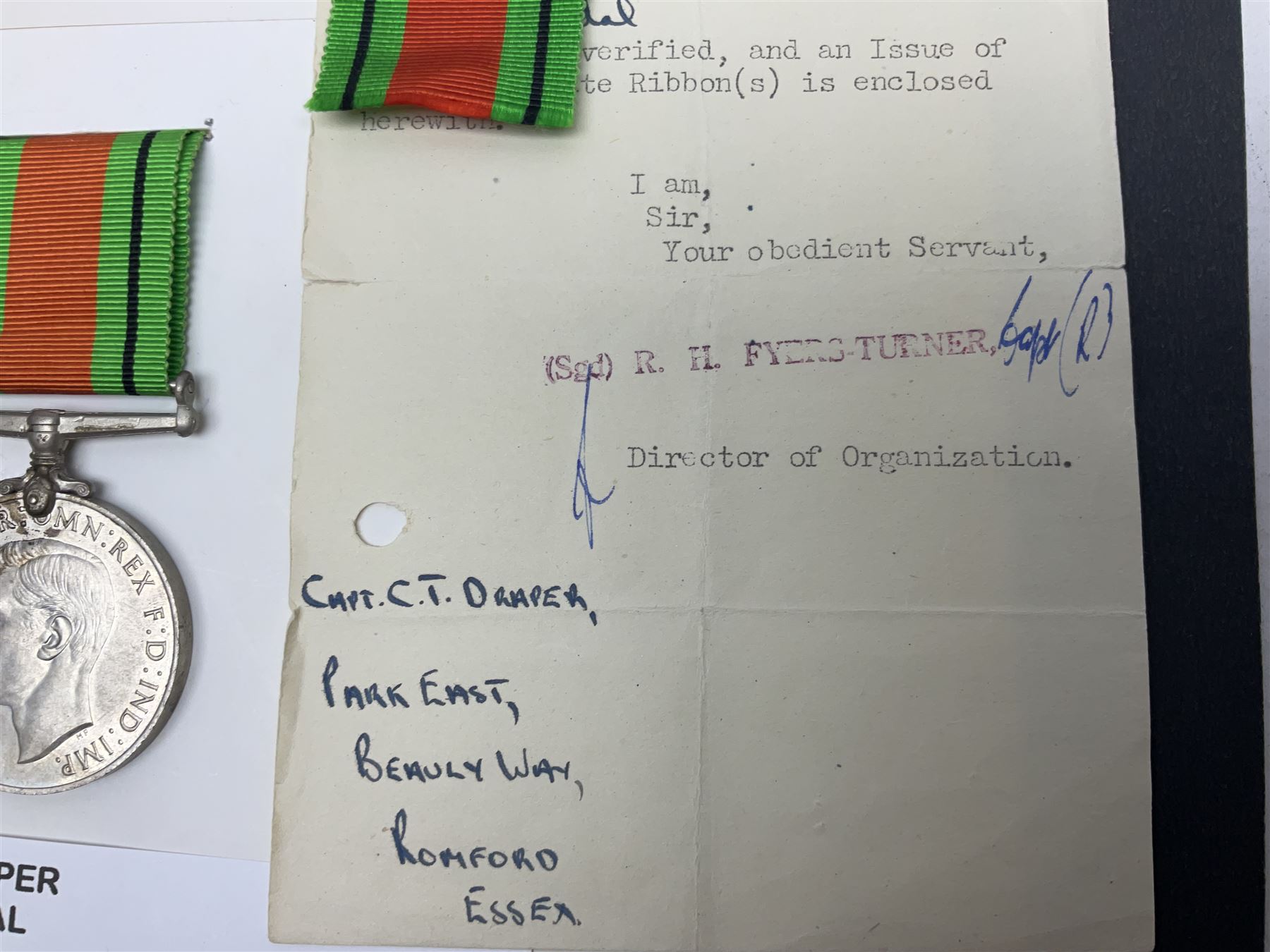 WWI pair of medals comprising British War Medal and Victory Medal awarded to 2nd Lieutenant C.T. Draper; and WWII Defence Medal awarded to Captain C.T. Draper with War Office letter of confirmation; all with ribbons (3)