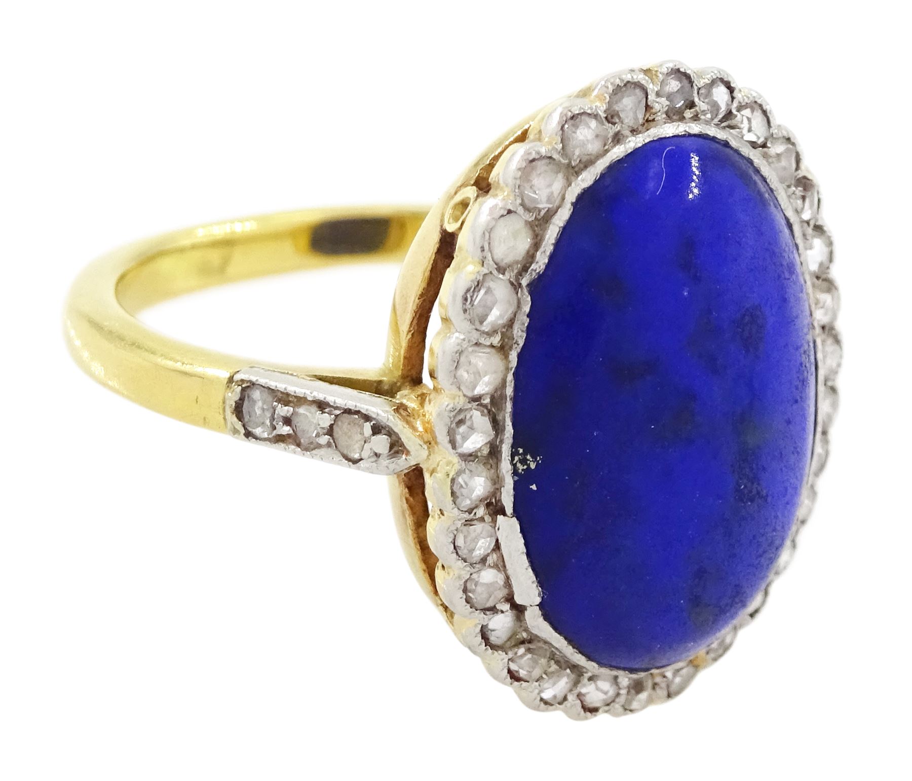 Early - mid 20th century 18ct gold and platinum lapis lazuli and diamond cluster ring, oval cut lapis lazuli surrounded by milgrain set rose cut diamonds, with diamond set shoulders