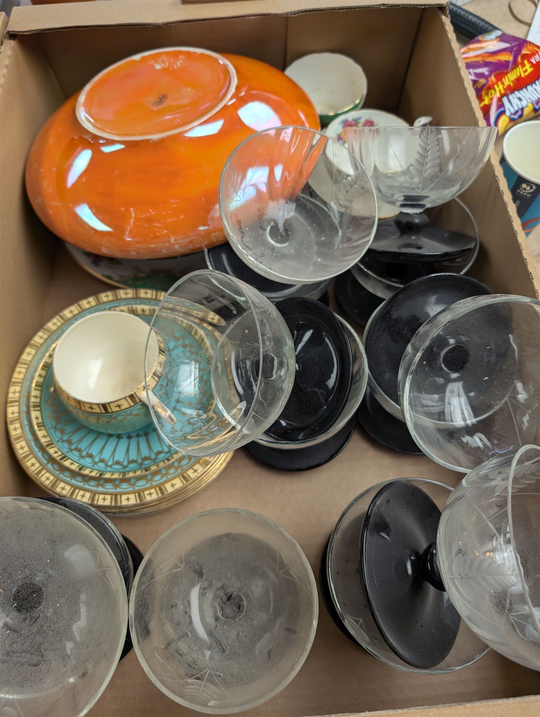 Shelley lustre bowl, Paragon Rockingham pattern tea wares and other glassware and ceramics, in two boxes 