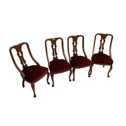 Set four late 19th century walnut chairs, the shaped cesting rail over scroll carved and pierced splat, upholster sprung seats, on cabriole front supports