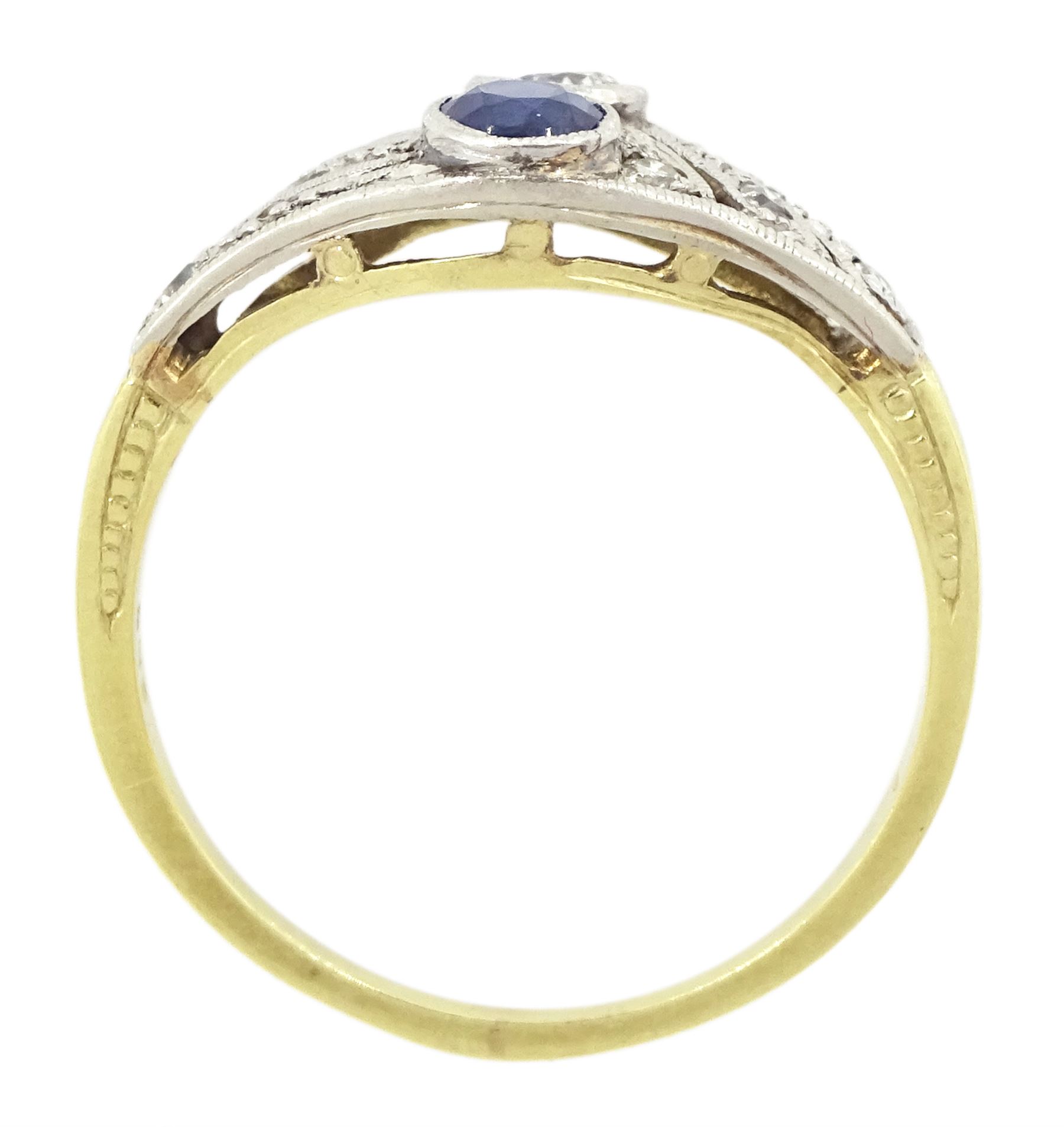 14ct gold milgrain set, two stone round cut diamond and sapphire ring, with pierced design shoulders, set with diamonds, stamped 585