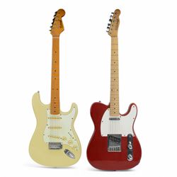 Two Richwood electric guitars, comprising Stratocaster style with cream body and Telecaste...