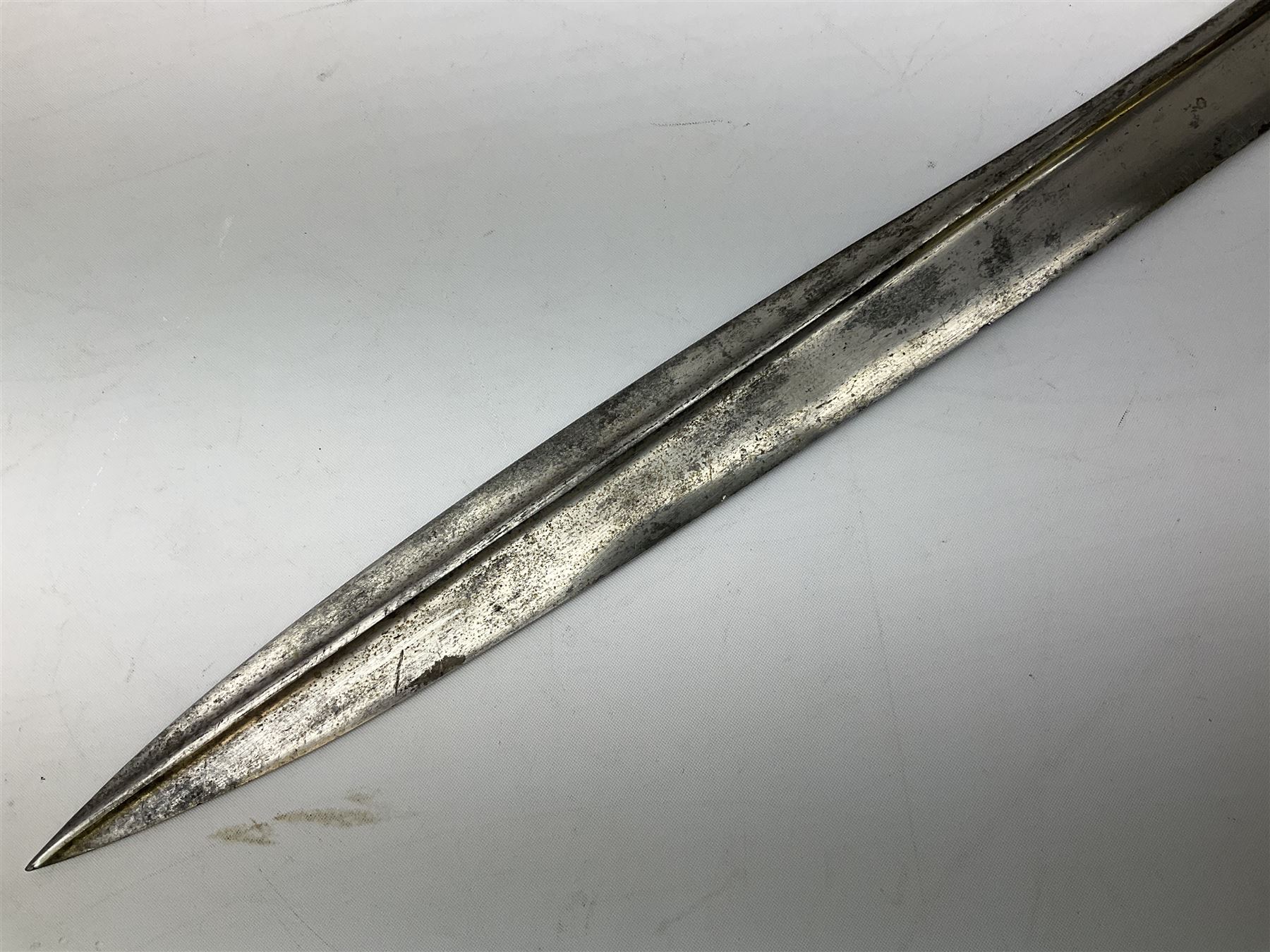 British 1855 pattern 'Sappers & Miners' Lancaster sword bayonet as issued to Medical Corps, the 62cm steel blade marked S&K with various numbers; in brass mounted leather scabbard numbered 1176