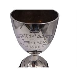 1930s silver trophy cup, of plain form, upon knopped stem and circular stepped foot, body with presentation engraving 'Cloughton and Burniston Sweet Pea Challenge Cup' with winners engraved verso, hallmarked Walker & Hall, Sheffield 1931, upon ebonised base, including base H28.7cm