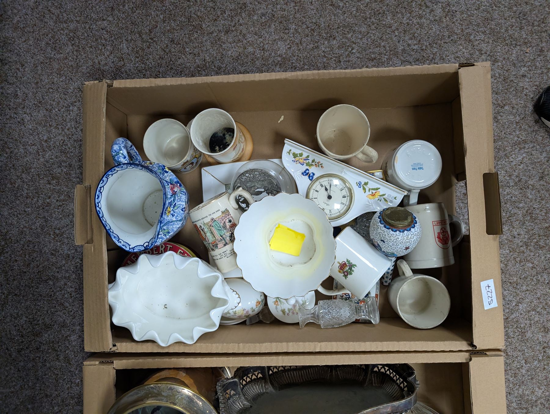 Ringtons Ironstone jug, Minton Haddon Hall planter, cloisonne vase, silver plate ice bucket, large cut glass bowl and a collection of other collectables, in two boxes