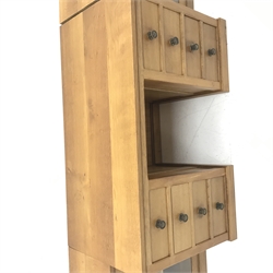 'Lizardman' oak kneehole desk fitted with six drawers and two glazed bookcases, by Derek Slater of Crayke, W347cm, H72cm, D61cm