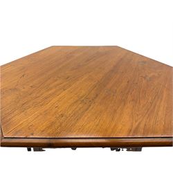 Liberty & Co circa 1890 - walnut centre table, hexagonal form, fretwork frieze, star stretcher base, turned supports on button feet. Stamped on underside.
Featured in - Pictorial Dictionary of British 19th century Furniture Design, Daryl Bennett Liberty's Furniture, 1875-1915, The Birth of Modern Design.
Liberty Style, The Classic Years, 1898 - 1910, by Mervin Levy.