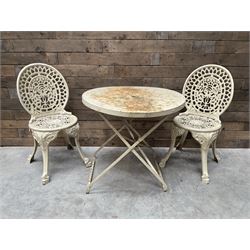 Circular cast aluminium garden table (D74cm, H68cm), and two chairs