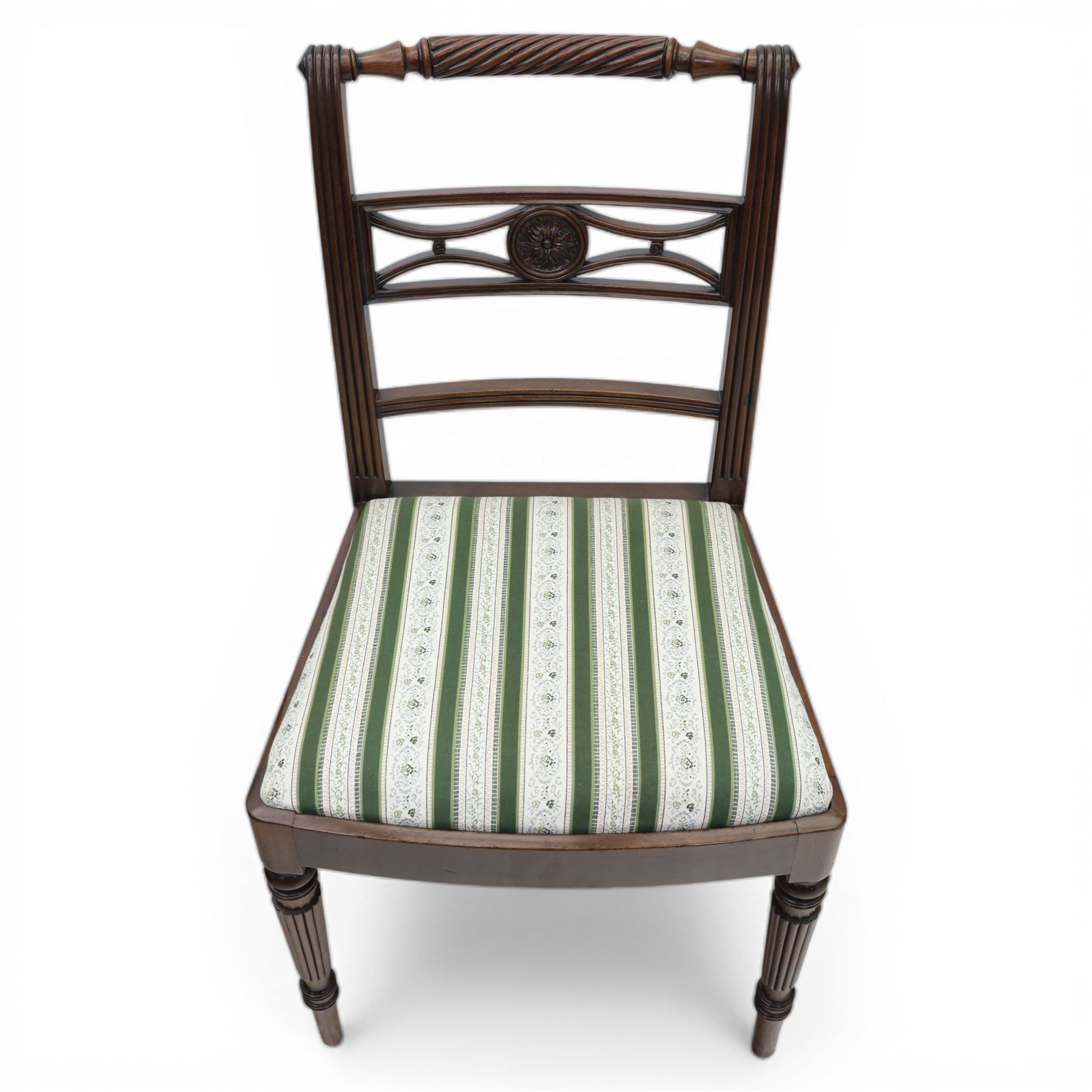 Pair of 19th century mahogany dining chairs, the wrythen top rail above a pierced splat and reeded side supports, above a white and green upholstered drop in seat, upon turned and reeded front and plain back legs