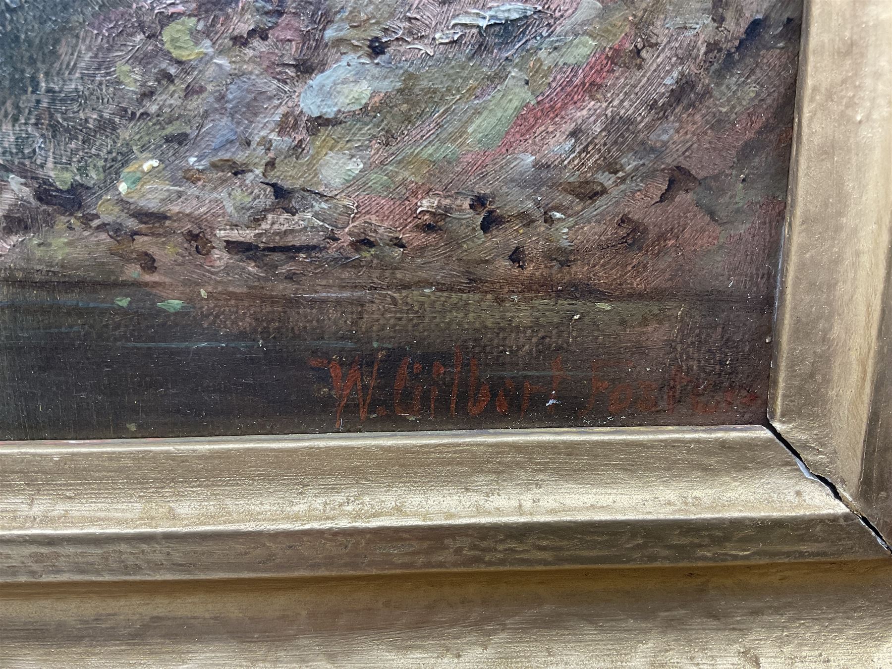 William Gilbert Foster (Staithes Group 1855-1906): River Landscape with Stone Bridge, oil on canvas signed 34cm x 54cm