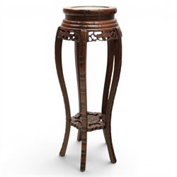 Chinese hardwood jardiniere stand, with inset black veined white marble, pierced carved apron united by rose carved undertier