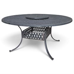 Grey-painted cast metal garden dining suite, comprising circular latticework table on splayed supports (W152cm H72cm), and six matching open armchairs with lattice backs and seats (W61cm H93cm)