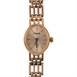 Royale ladies 9ct gold quartz wristwatch, on integral 9ct gold bracelet, hallmarked