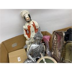 Quantity of scarves, glassware, ceramics, silver-plate, candles in glass holders etc in three boxes