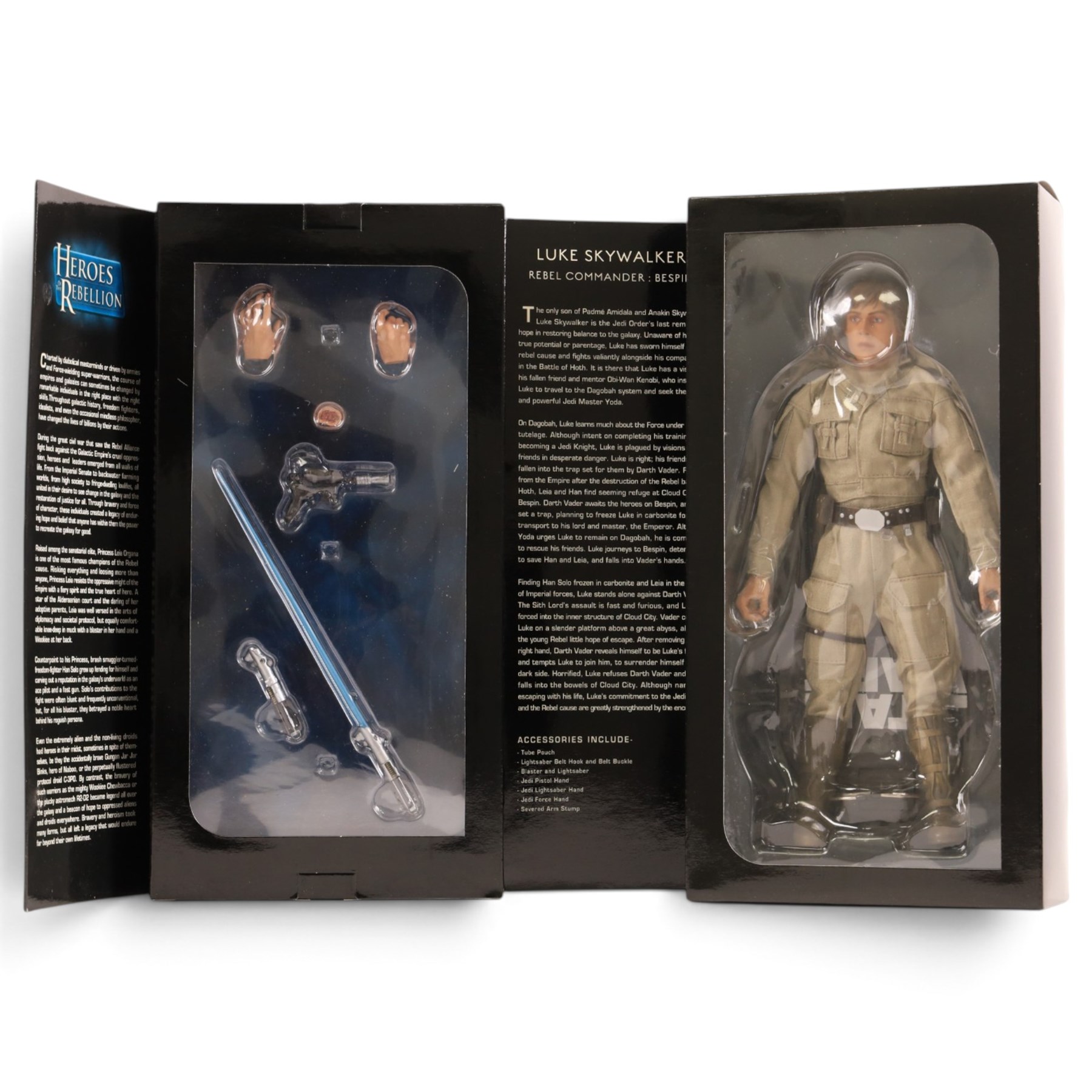 Three Sideshow Collectibles Star Wars Heroes of the Rebellion 1:6 scale figures, comprising Han Solo Rebel Captain Bespin, Luke Skywalker Rebel Commander Bespin and Luke Skywalker Rebel Hero Yavin IV, all boxed