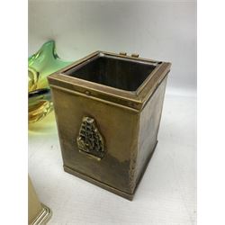 Metamec and H. Samuel battery operated brass carriage clocks, bronzed style abstract figure signed 'Cotp W', two art glass splash bowls, etc