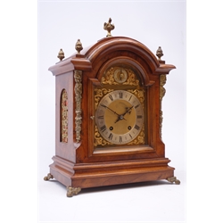  Victorian figured walnut arched top bracket clock, brass dial with silvered Roman chapter and slow/fast dial, twin train movement striking the quarter hours on two gongs, gilt metal finials feet and mounts, W32cm, H46cm, D21cm  