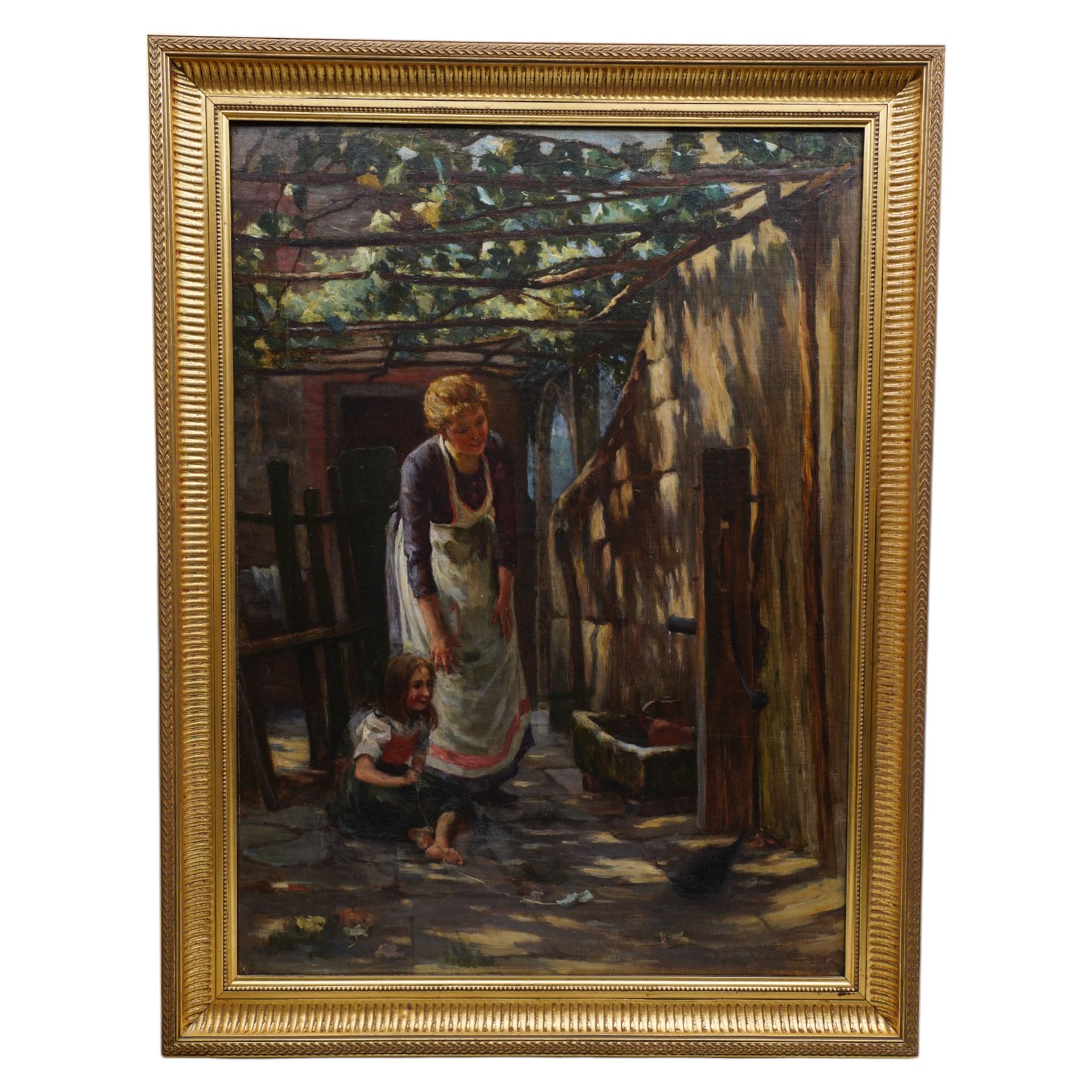 Arthur Claude Cooke (British 1867-1951): Child and Cat Playing under the Pergola, oil on canvas signed and dated 1897, 68cm x 49cm