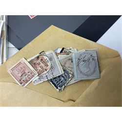 Stamps including Great British first day covers many with special postmarks, Queen Victoria penny red stamps, small number of mostly topographical postcards, Channel Island stamps, Ireland, Germany, Greece etc, in one box