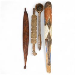 Large African treen grain spoon L62cm; carved wood Berber Tuareg tent peg, West African pa...