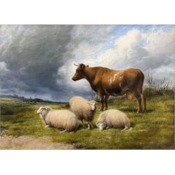 Thomas Sidney Cooper (British 1803-1902): Cow and Sheep under a Brooding Sky, oil on board, signed and dated 1897 verso with artist's wax seal 40cm x 55cm 