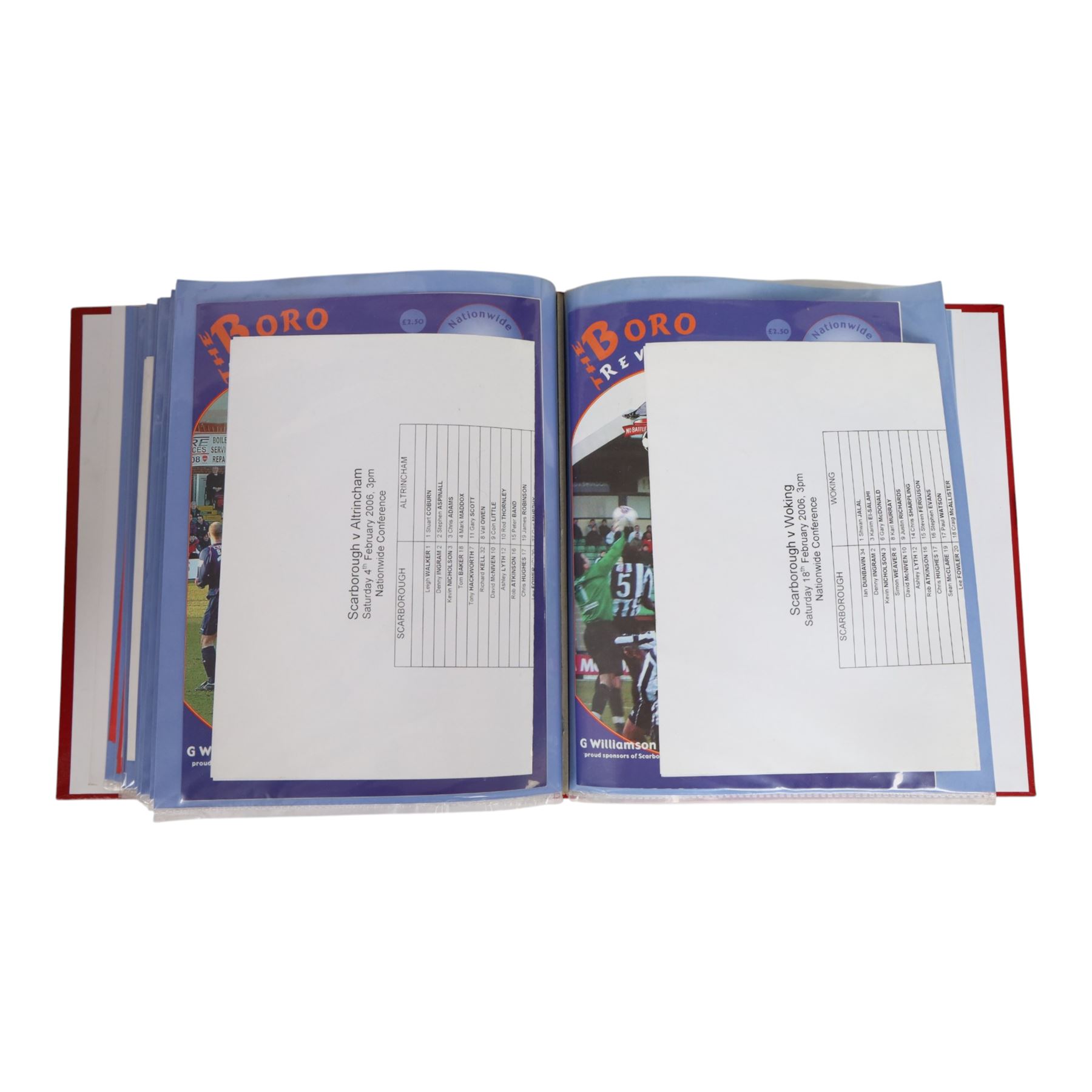 Comprehensive collection of approximately two hundred and thirty Scarborough FC football programmes for the 2003/04, 2004/05, 2005/06 and 2006/07 seasons, all filed within eight dedicated Scarborough FC red Home and Away binders