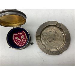 Two early 20th century silver trumpet vases to include a Martin Hall & Co Ltd example, silver circular box raised on three feet stamped Birmingham 1912, ashtray hallmarked London 1945, silver backed hair brush with engine turned decoration etc, tallest H19.5cm