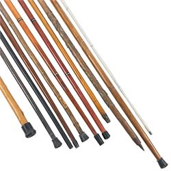 Collection of walking sticks, including two silver topped examples, hallmarked