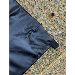 20th century large Zardozi wall hanging, hand embroidered in gold thread on black velvet ground with semi-precious stones and central medallion  149x93cm