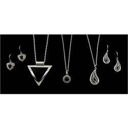 Silver contemporary triangular Whitby jet pendant necklace, two other silver Whitby jet necklaces; one round and one in a paisley shape, and two pairs of Whitby jet earrings; matching paisley shape and the other pair cushion triangle shaped, all stamped 925