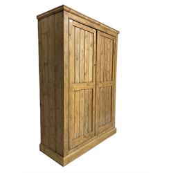 19th century pitch pine housekeepers cupboard, two plank panelled doors enclosing three shelves