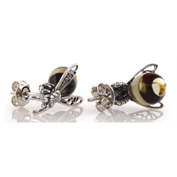 Pair of silver Baltic amber bee stud earrings, stamped 925