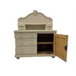Victorian white painted pine chiffonier dresser, raised back with small drawers, fitted with single cupboard and three drawers