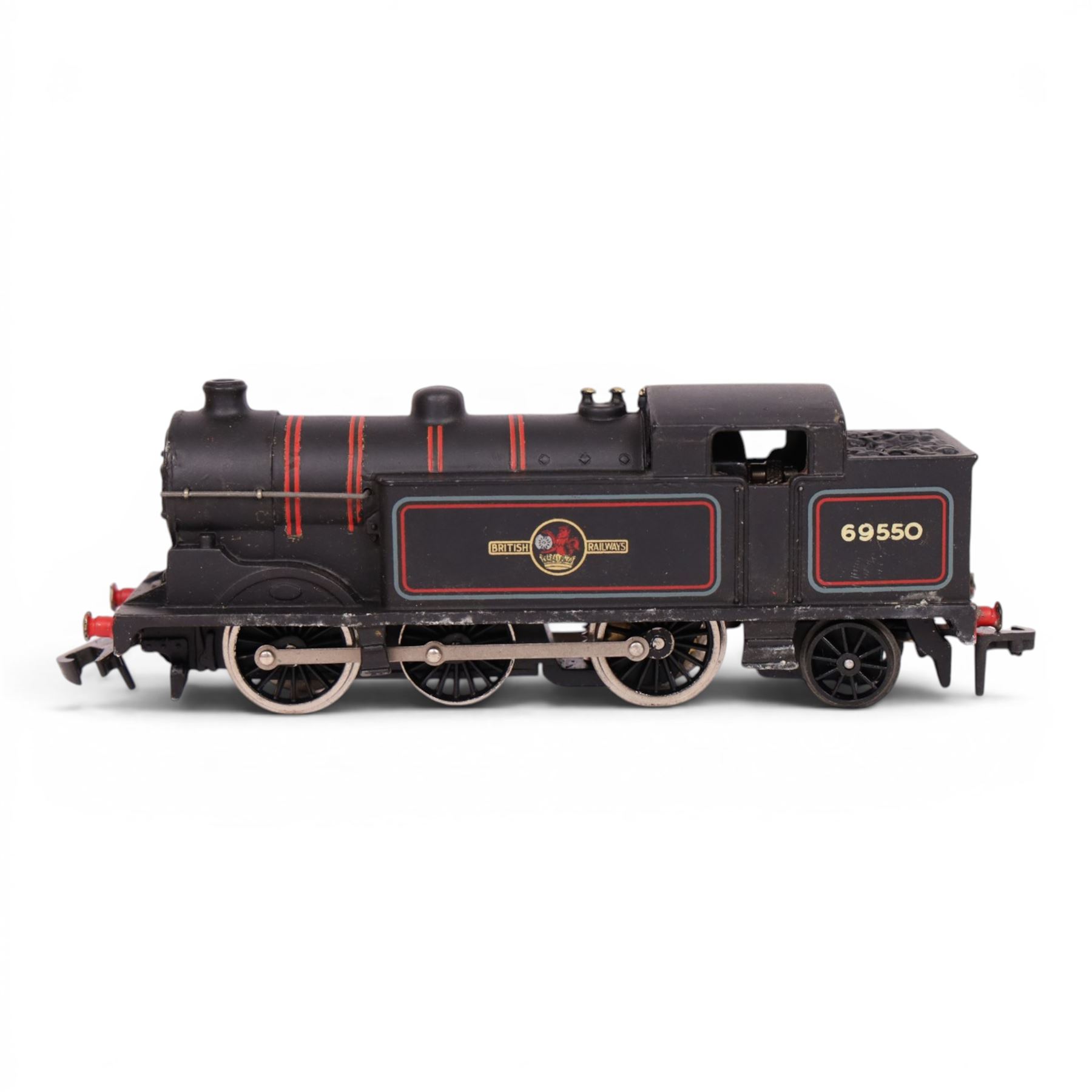 Three Hornby Dublo 00 gauge locomotives in black, comprising 2224 L.M.R 2-8-0 8F Locomotive and Tender no. 48073, 2218 2-6-4 Tank Locomotive no. 80033 and 2217 0-6-2 Tank Locomotive B.R. no. 69550, all boxed