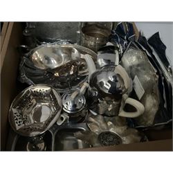 Two boxes of silver plate to include pair of bud vases, tea sets, placemats, candlestick etc