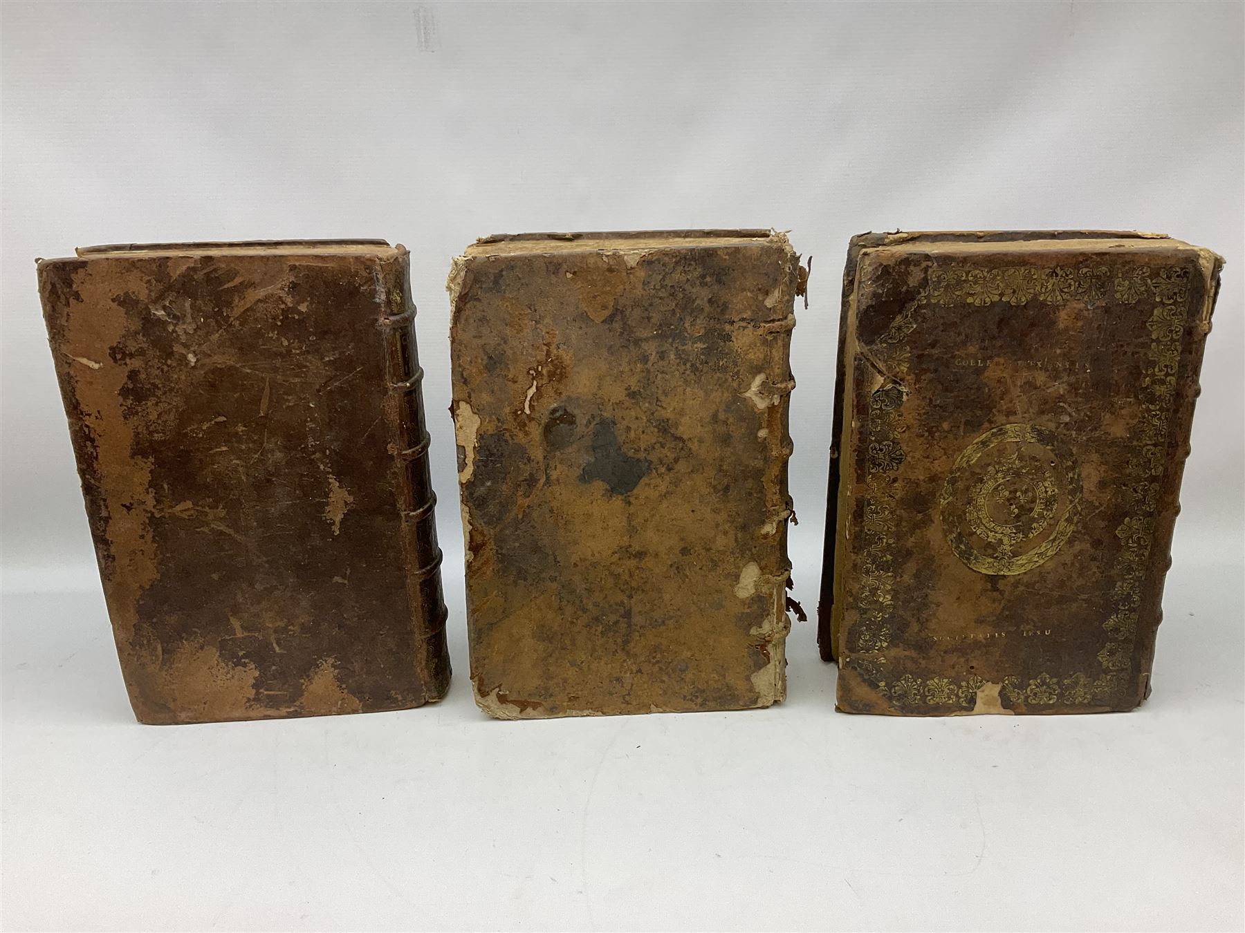 Three 17th century Lugduni (Lyon) printed books each with engraved title page in red and black comprising R.P. Corn Cornelii A Lapide .... Tomus Primus. 1690; R.P. Cornelii Cornelii A Lapide .... 1683; and Hortus Pastorum Sacrae Doctrinae Floribus Polymitus .... 1668. All folio with full calf bindings (3)
