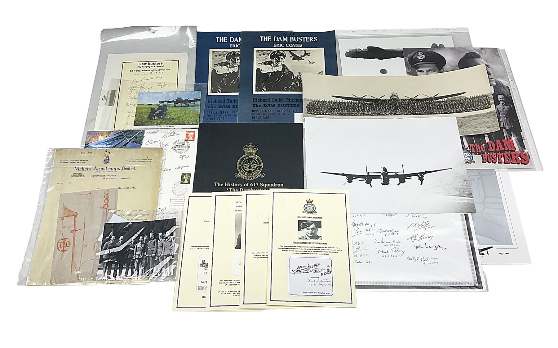 Dambusters 617 Squadron memorabilia - three signed photographs of Lancaster aircraft in flight, group photograph, copy of Vickers-Armstongs letter and drawing from Barnes Wallis, The History of 617 Squadron by Sqn. Ldr. S.J. Hillier, facsimile sets of signatures, FDCs, sheet music, Richard Todd signed photograph and greeting card, etc