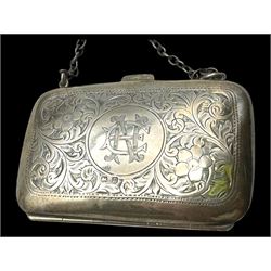 Silver coin purse, silver topped glass jar, both hallmarked together with a silver plated oval box