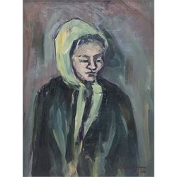 Maria Luisa Barra Nogueras (Spanish 20th Century): Lady in Green Scarf, signed and dated 1988, 60cm x 44cm